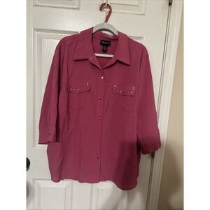 Maggie Barnes Top Women 2x  Pink  Embellished  Button Up Western 3/4  Sleev